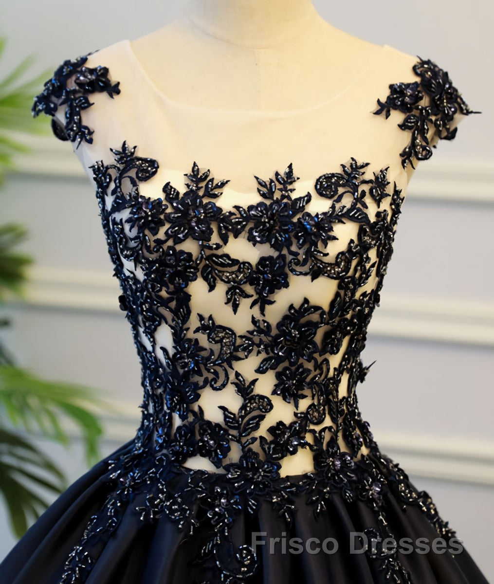 Black round neck satin long Formal Prom gown, black evening Dresses
