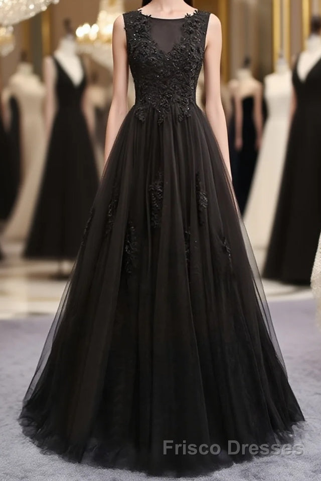 Black round neck tulle lace long Formal Prom Dresses, black evening Dresses Main image