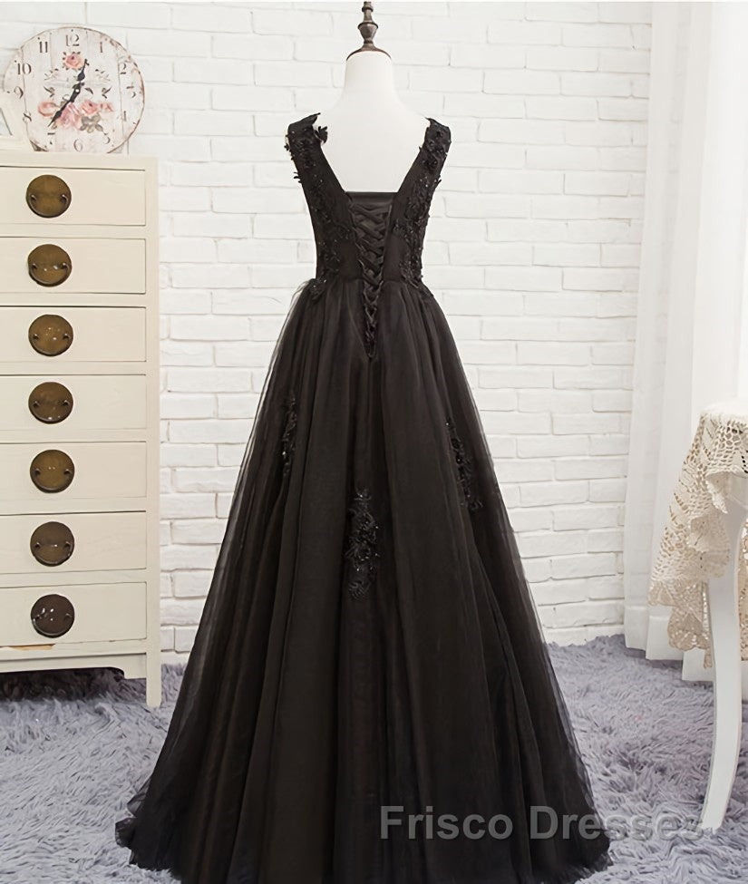 Black round neck tulle lace long Formal Prom Dresses, black evening Dresses Secondary image