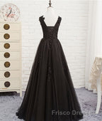 Black round neck tulle lace long Formal Prom Dresses, black evening Dresses