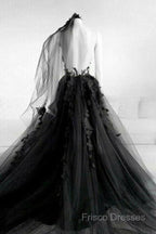 Black Round Neck Tulle Lace Long Formal Prom Dress Black Tulle Formal Dress