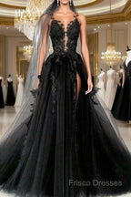 Black Round Neck Tulle Lace Long Formal Prom Dress Black Tulle Formal Dress