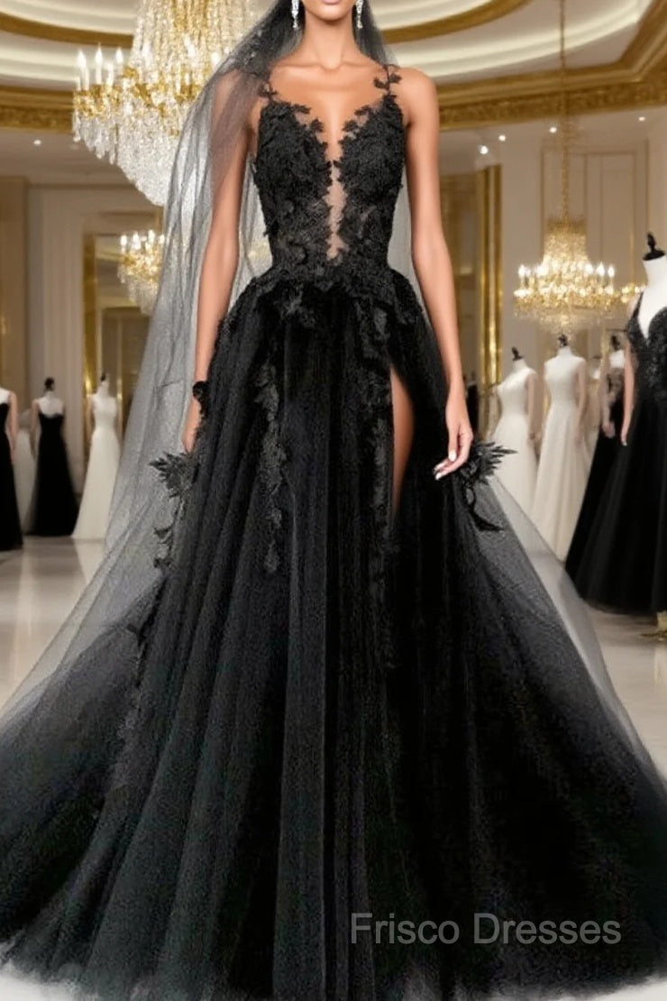 Black Round Neck Tulle Lace Long Formal Prom Dress Black Tulle Formal Dress