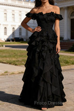Black Ruffled A-Line Square Neck Long Prom Dress