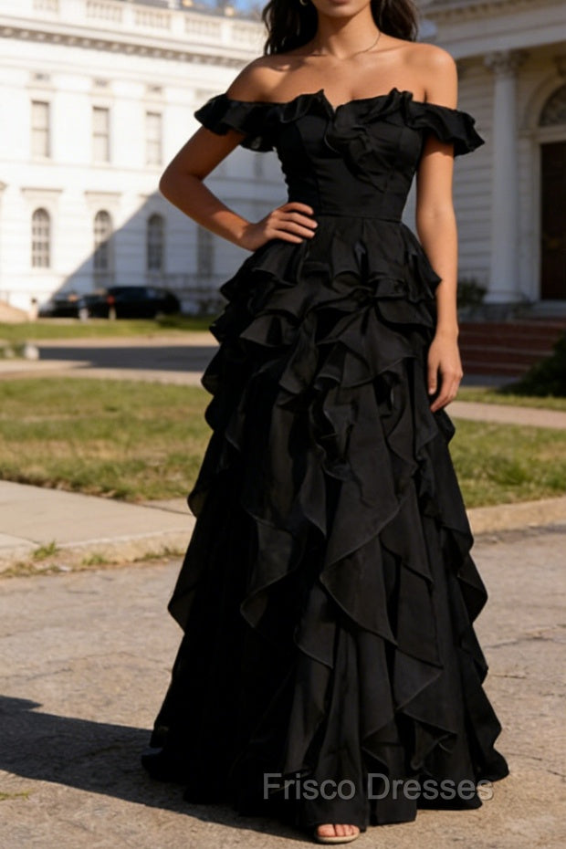 Black Ruffled A-Line Square Neck Long Prom Dress