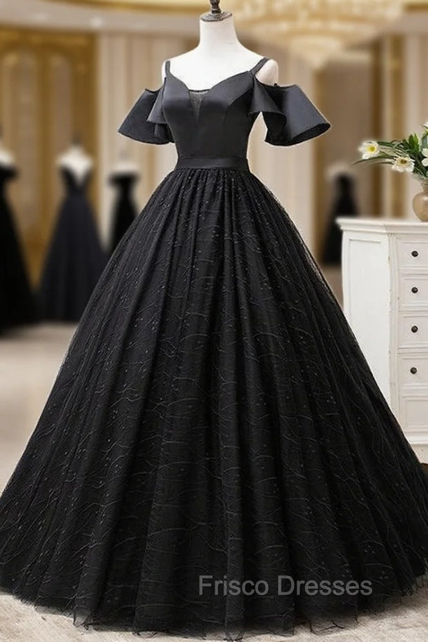 Black Satin and Tulle Ball Gown Off Shoulder Evening Dress Party Gown, Black Long Formal Dress