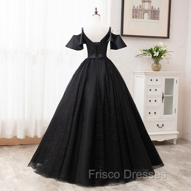 Black Satin and Tulle Ball Gown Off Shoulder Evening Dress Party Gown, Black Long Formal Dress