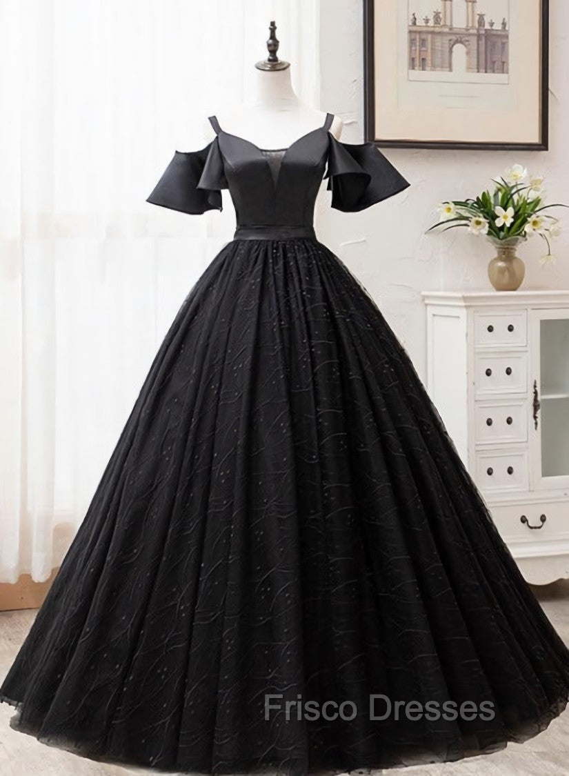 Black Satin and Tulle Ball Gown Off Shoulder Evening Dress Party Gown, Black Long Formal Dress Main image