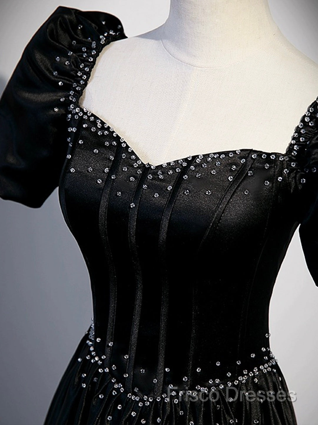 Black Satin Beaded Floor Length Formal Prom Dress, Black A-Line Short Sleeve Formal Dress Secondary image