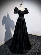 Black Satin Beaded Floor Length Formal Prom Dress, Black A-Line Short Sleeve Formal Dress