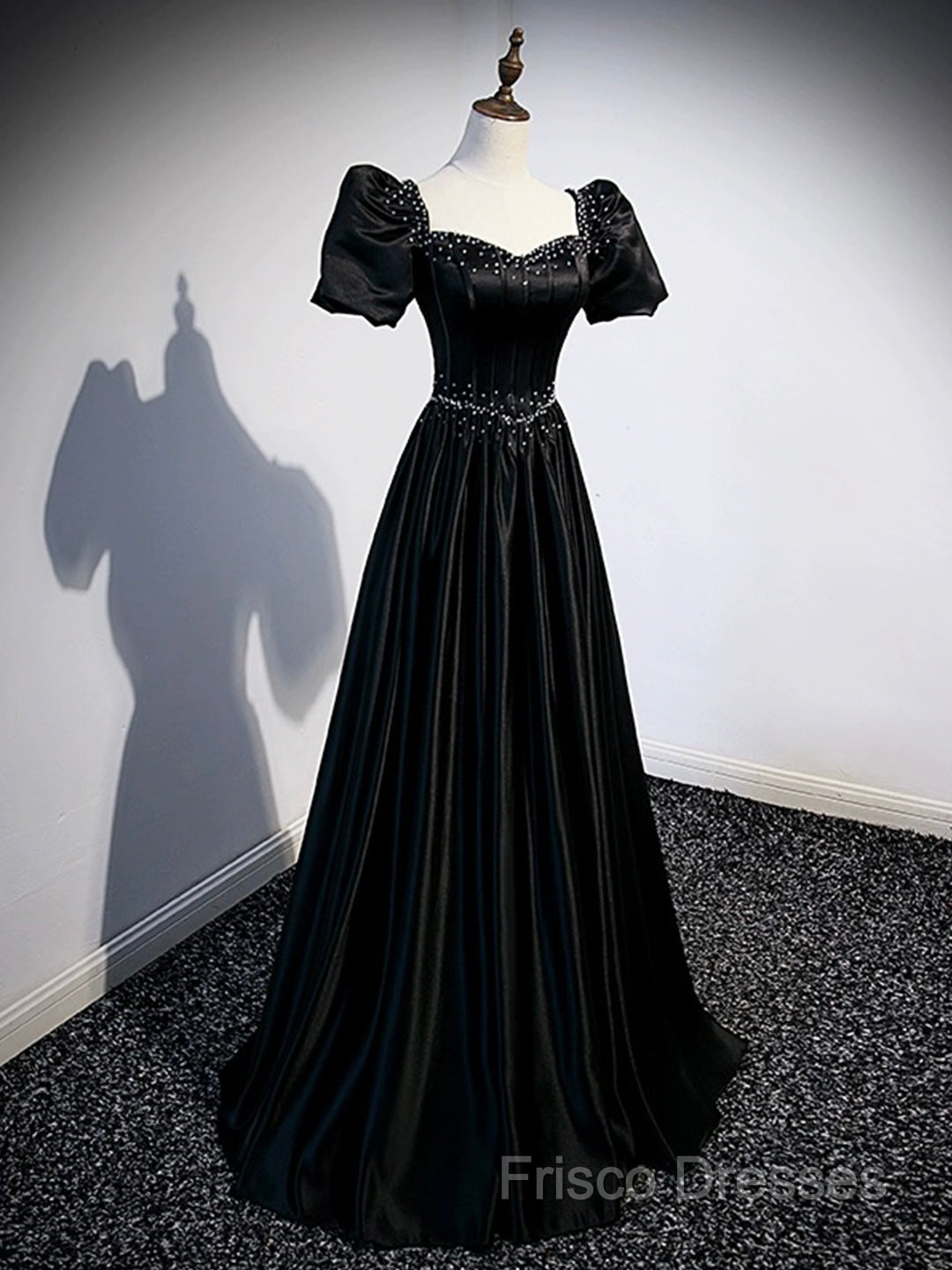 Black Satin Beaded Floor Length Formal Prom Dress, Black A-Line Short Sleeve Formal Dress