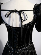 Black Satin Beaded Floor Length Formal Prom Dress, Black A-Line Short Sleeve Formal Dress