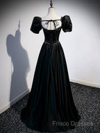 Black Satin Beaded Floor Length Formal Prom Dress, Black A-Line Short Sleeve Formal Dress