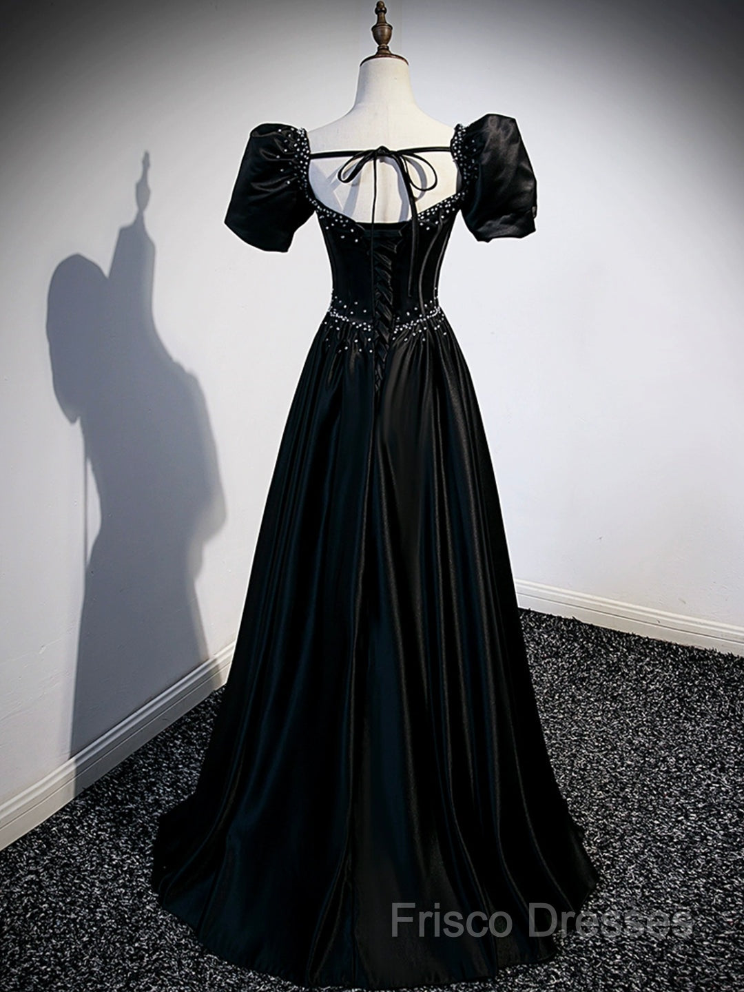 Black Satin Beaded Floor Length Formal Prom Dress, Black A-Line Short Sleeve Formal Dress