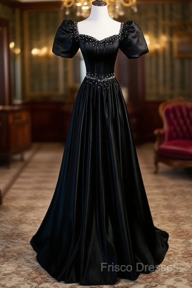 Black Satin Beaded Floor Length Formal Prom Dress, Black A-Line Short Sleeve Formal Dress Main image
