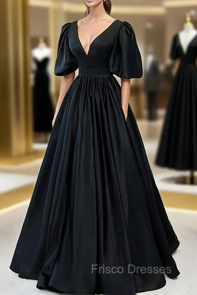 Black Satin Deep V-neckline Long Formal Dress, Black Evening Dress Formal Prom Dress