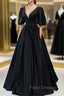 Black Satin Deep V-neckline Long Formal Dress, Black Evening Dress Formal Prom Dress