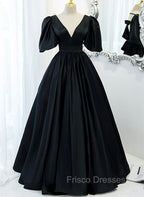 Black Satin Deep V-neckline Long Formal Dress, Black Evening Dress Formal Prom Dress