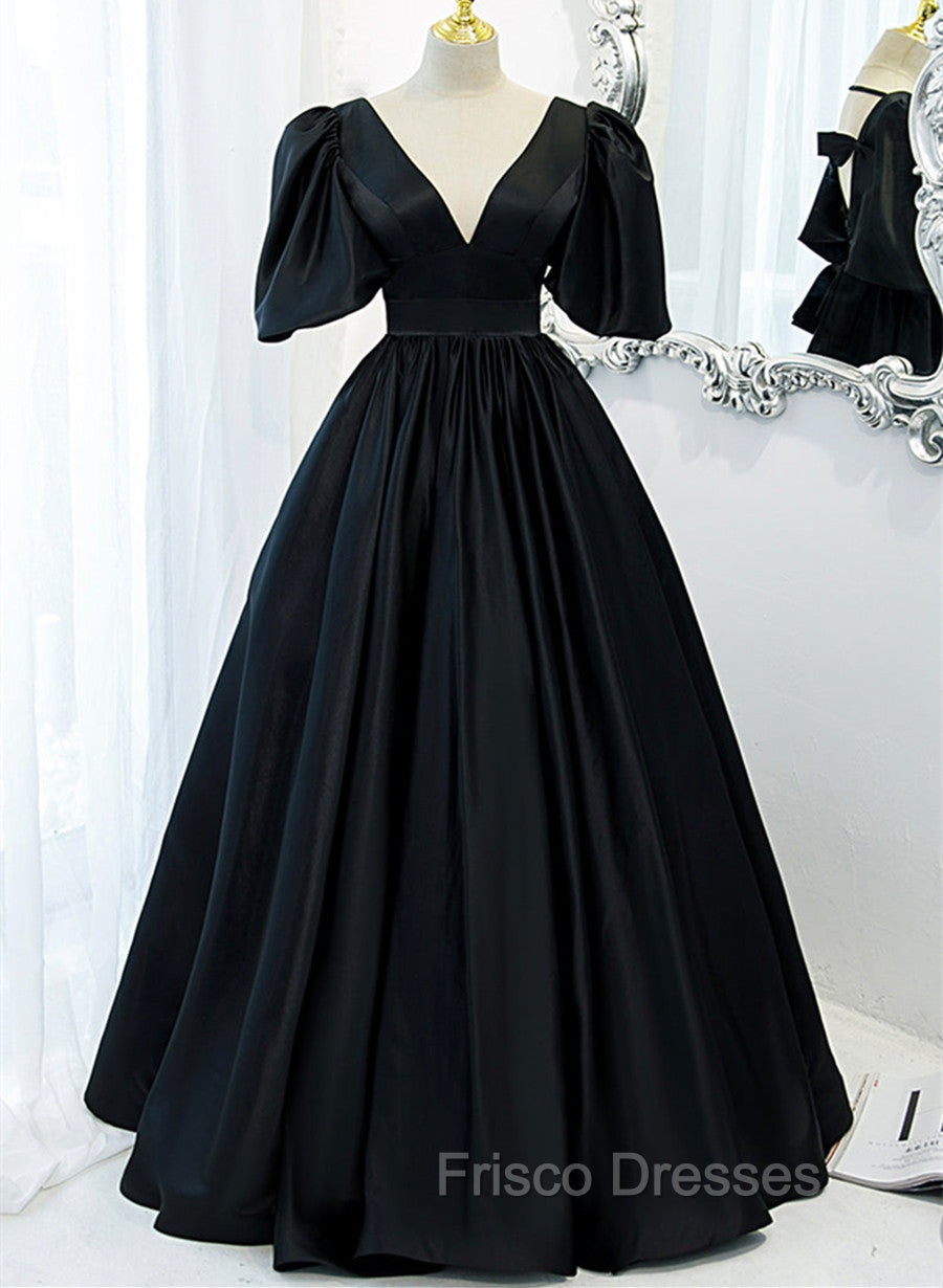 Black Satin Deep V-neckline Long Formal Dress, Black Evening Dress Formal Prom Dress