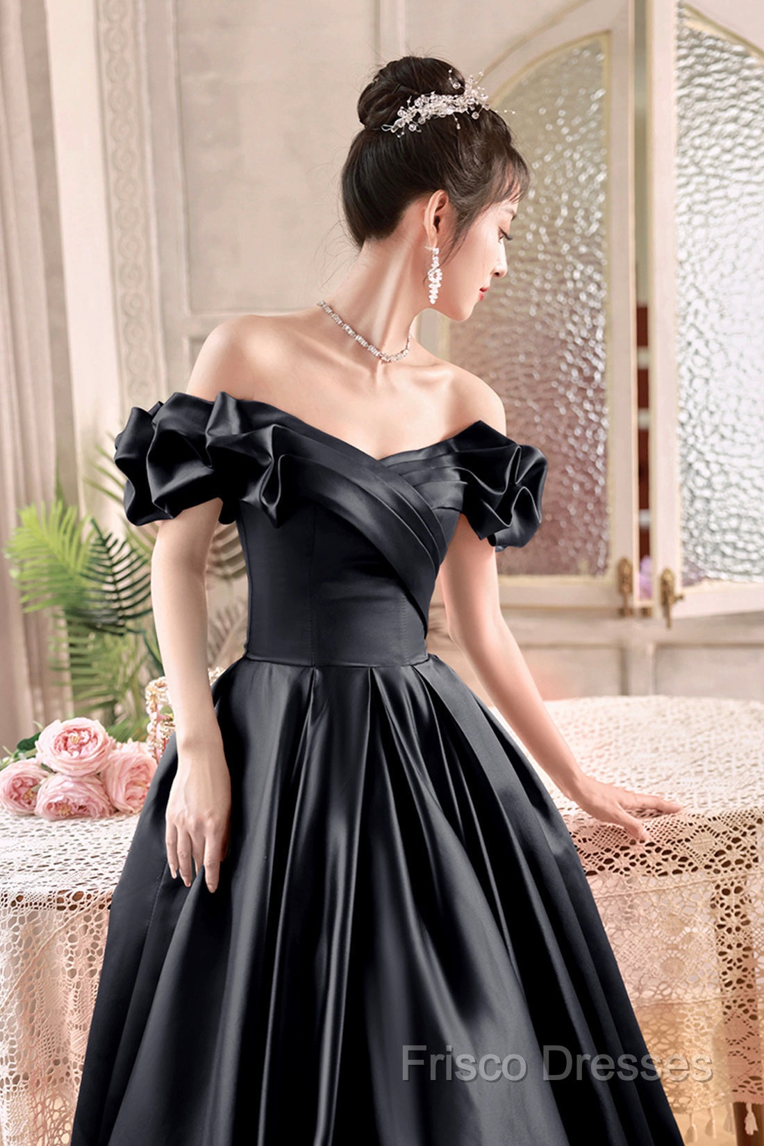 Black Satin Floor Length A-Line Formal Prom Dress, Off The Shoulder Formal Party Dress