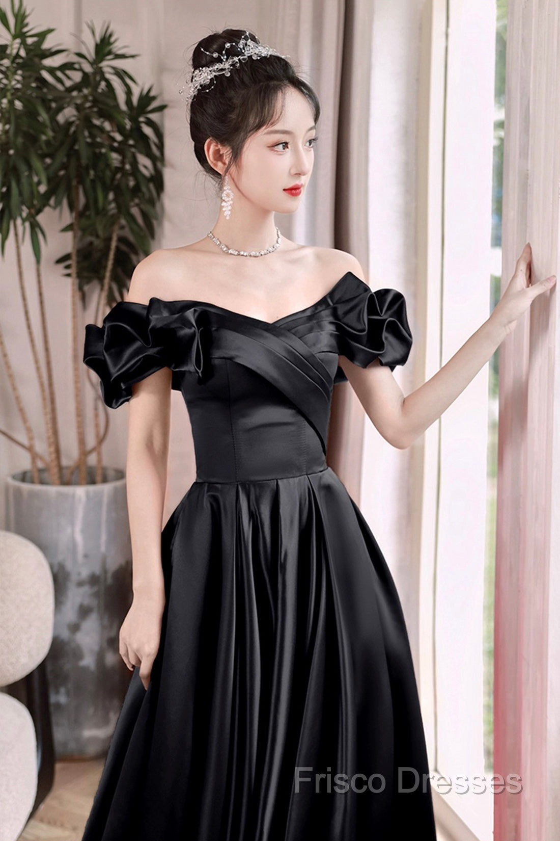 Black Satin Floor Length A-Line Formal Prom Dress, Off The Shoulder Formal Party Dress