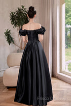Black Satin Floor Length A-Line Formal Prom Dress, Off The Shoulder Formal Party Dress