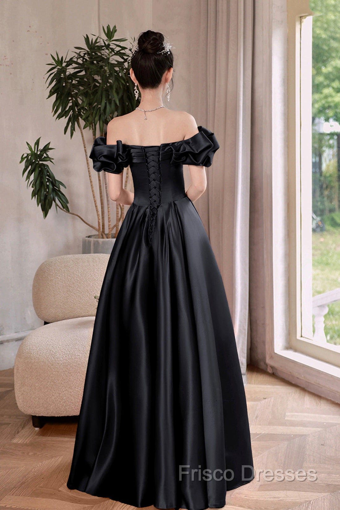 Black Satin Floor Length A-Line Formal Prom Dress, Off The Shoulder Formal Party Dress