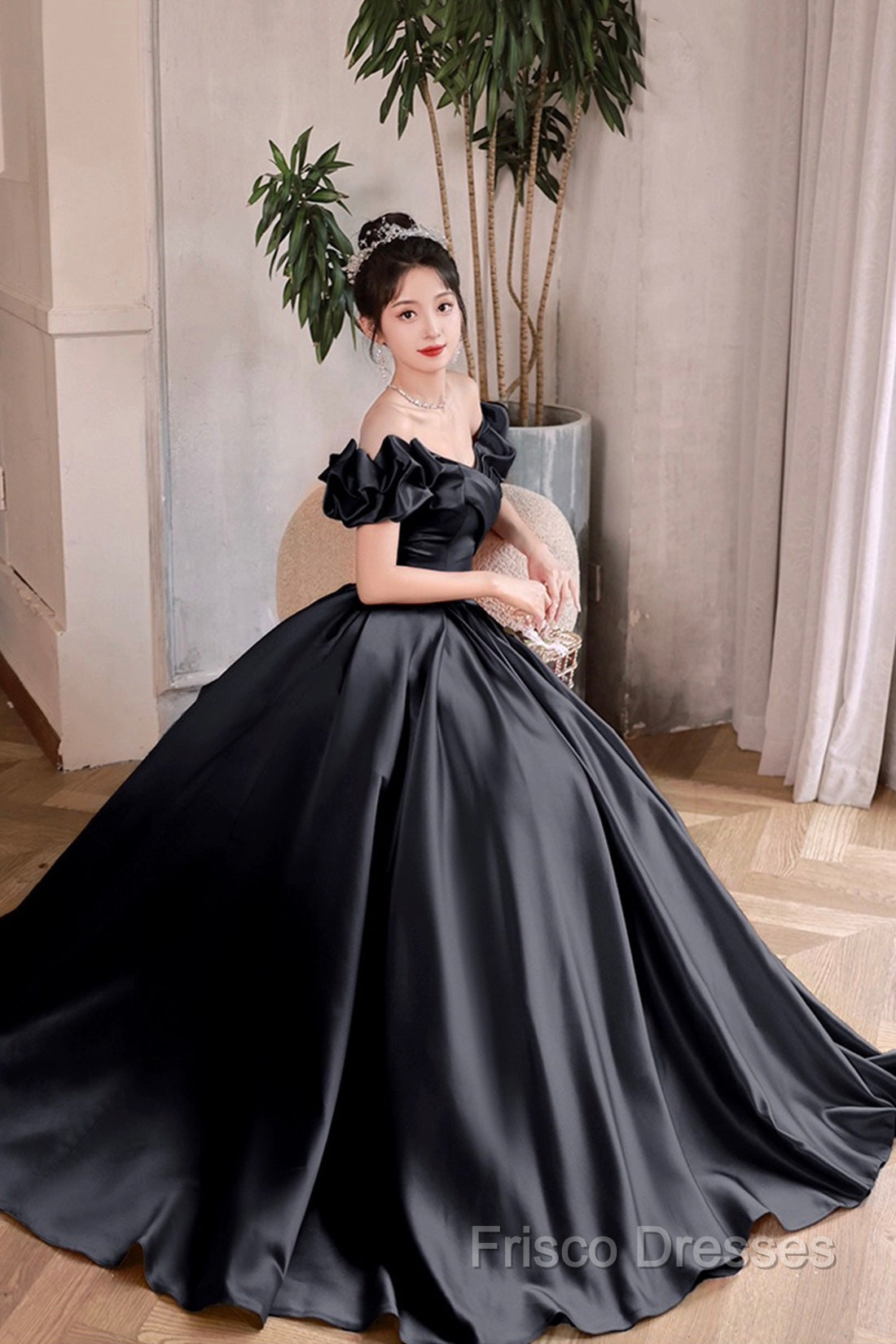Black Satin Floor Length A-Line Formal Prom Dress, Off The Shoulder Formal Party Dress