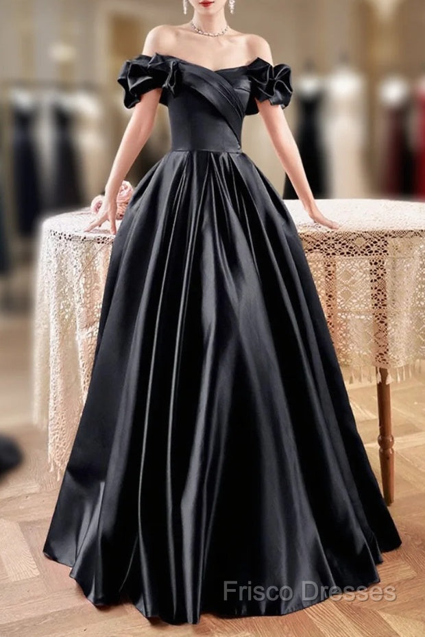 Black Satin Floor Length A-Line Formal Prom Dress, Off The Shoulder Formal Party Dress Main image
