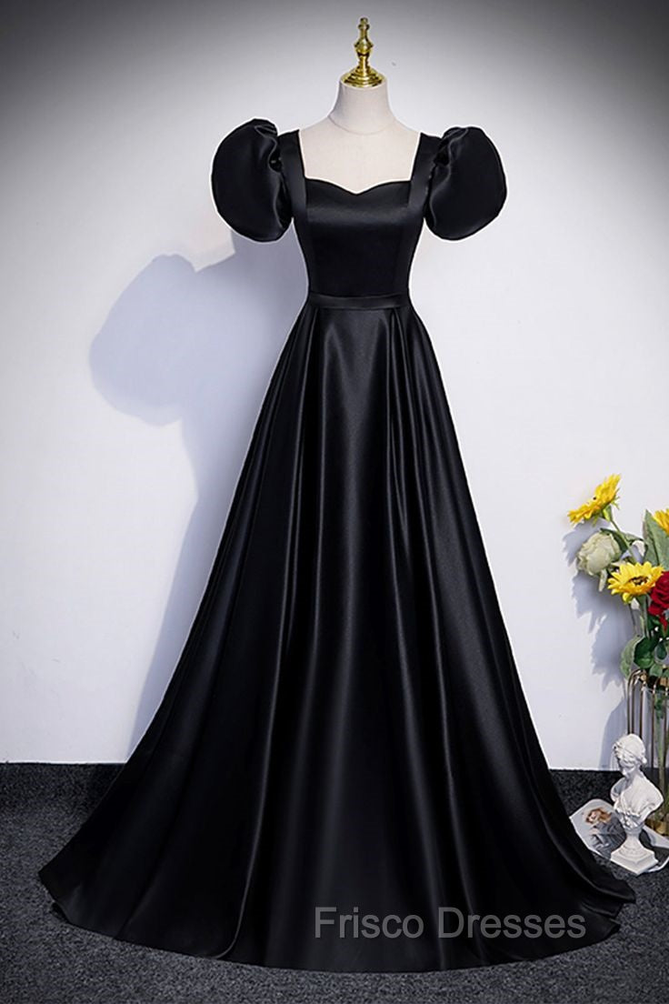 Black Satin Floor Length Formal Prom Dress, Simple Black Short Sleeve Evening Dress Secondary image