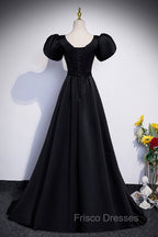 Black Satin Floor Length Formal Prom Dress, Simple Black Short Sleeve Evening Dress