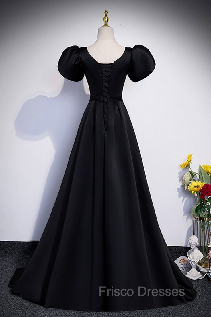 Black Satin Floor Length Formal Prom Dress, Simple Black Short Sleeve Evening Dress