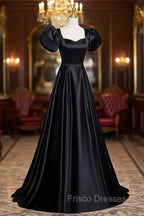 Black Satin Floor Length Formal Prom Dress, Simple Black Short Sleeve Evening Dress