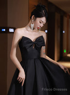 Black Satin High Low Sweetheart Homecoming Dress, Black Short Party Dress With Bow