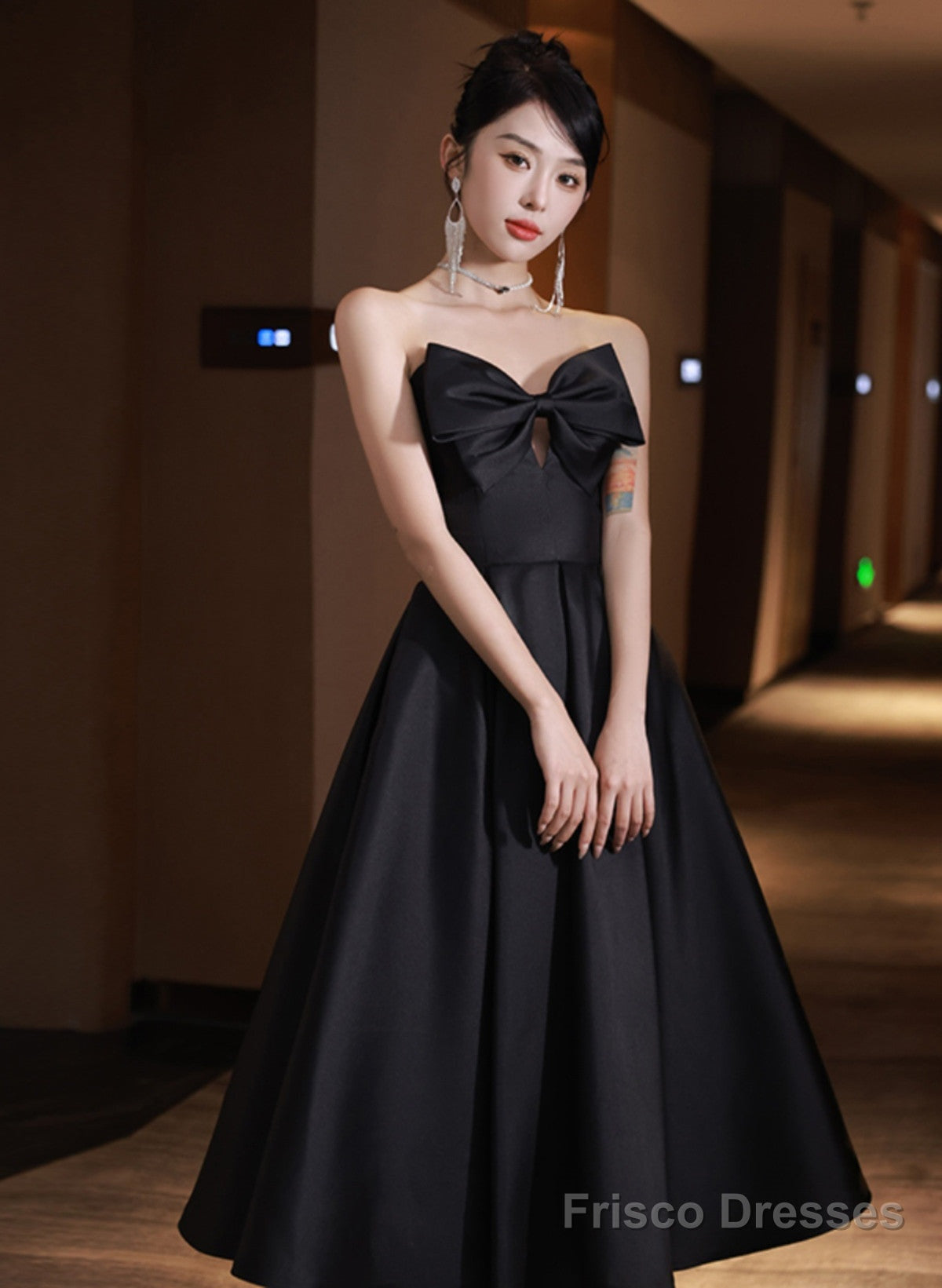 Black Satin High Low Sweetheart Homecoming Dress, Black Short Party Dress With Bow