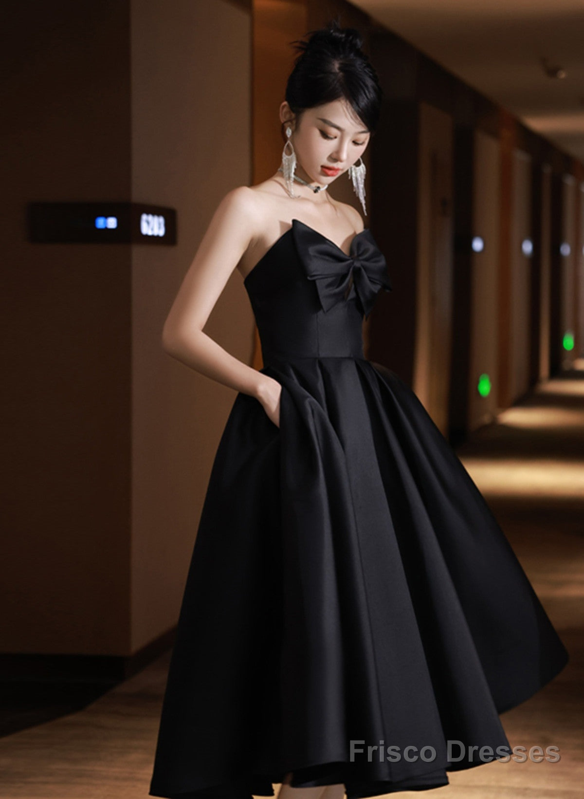 Black Satin High Low Sweetheart Homecoming Dress, Black Short Party Dress With Bow Main image