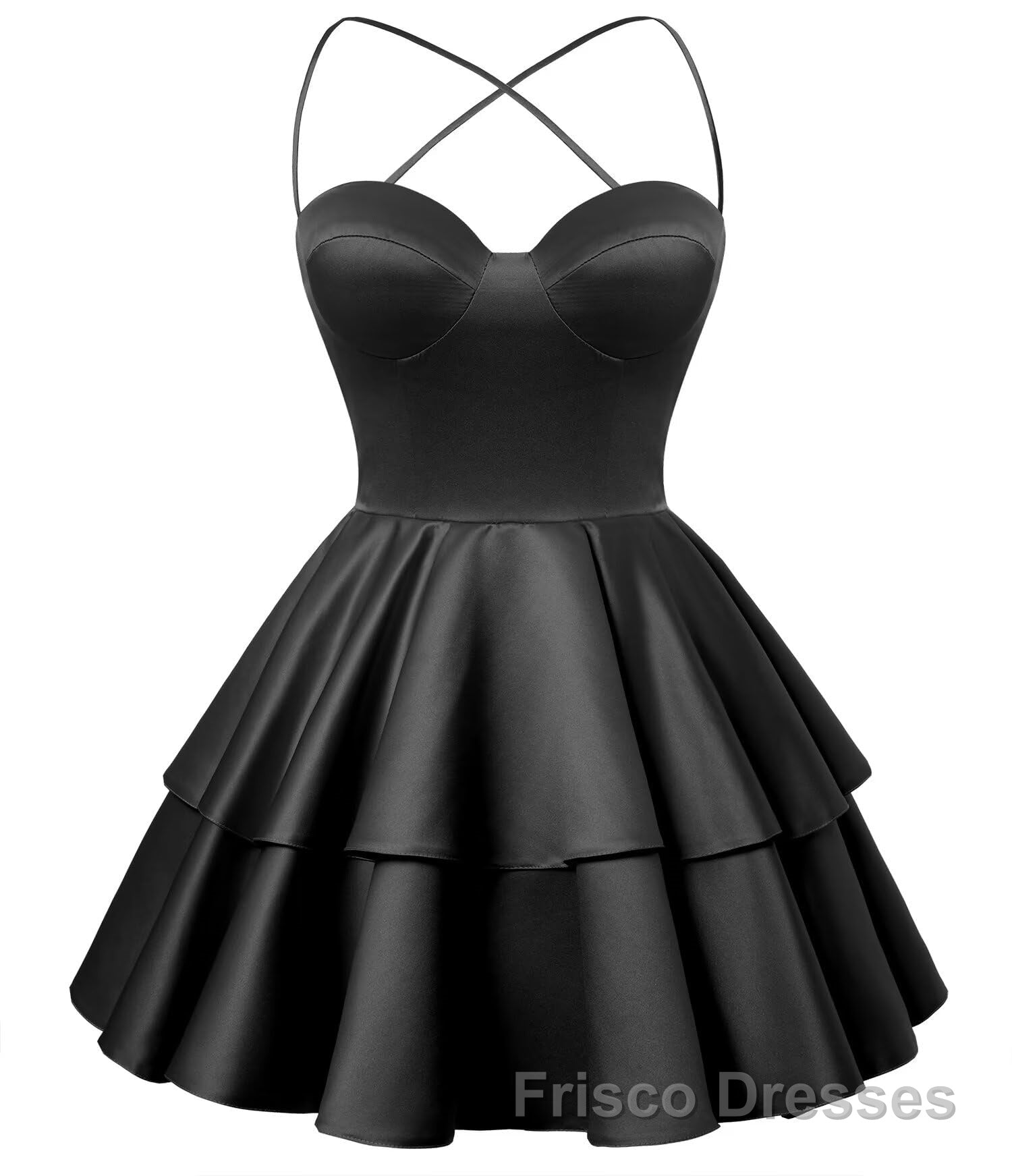 Black Satin Homecoming Dresses Sweetheart Neck Tiered Short Graduation Dresses