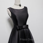 Black Satin Knee Length Round Neckline Party Dress, Black Short Formal Prom Dress