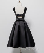 Black Satin Knee Length Round Neckline Party Dress, Black Short Formal Prom Dress