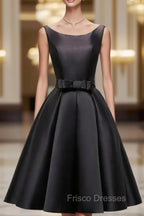 Black Satin Knee Length Round Neckline Party Dress, Black Short Formal Prom Dress