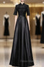 Black Satin Lace Short Sleeve Formal Prom Dress