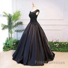 Black Satin Long Party Dress Evening Gown A Line Floor Length Formal Prom Dress Elegant