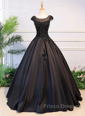 Black Satin Long Party Dress Evening Gown A Line Floor Length Formal Prom Dress Elegant