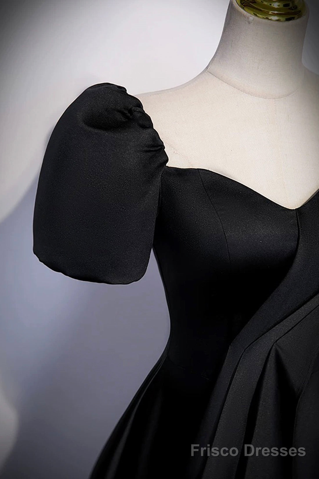 Black Satin Long Prom Dress, A-Line Short Sleeve Evening Party Dress
