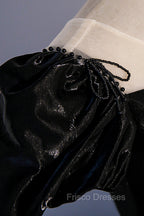 Black Satin Long Formal Prom Dress, Black A-Line Short Sleeve Evening Dress