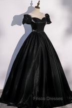 Black Satin Long Formal Prom Dress, Black A-Line Short Sleeve Evening Dress