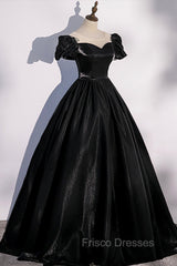 Black Satin Long Formal Prom Dress, Black A-Line Short Sleeve Evening Dress