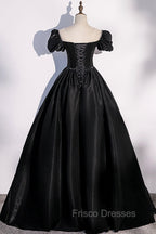 Black Satin Long Formal Prom Dress, Black A-Line Short Sleeve Evening Dress