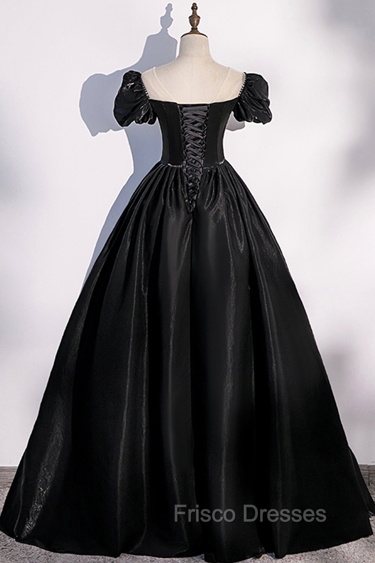 Black Satin Long Formal Prom Dress, Black A-Line Short Sleeve Evening Dress