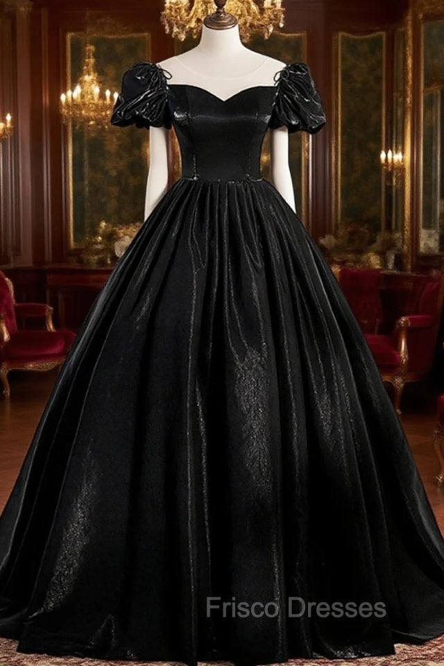 Black Satin Long Formal Prom Dress, Black A-Line Short Sleeve Evening Dress Main image